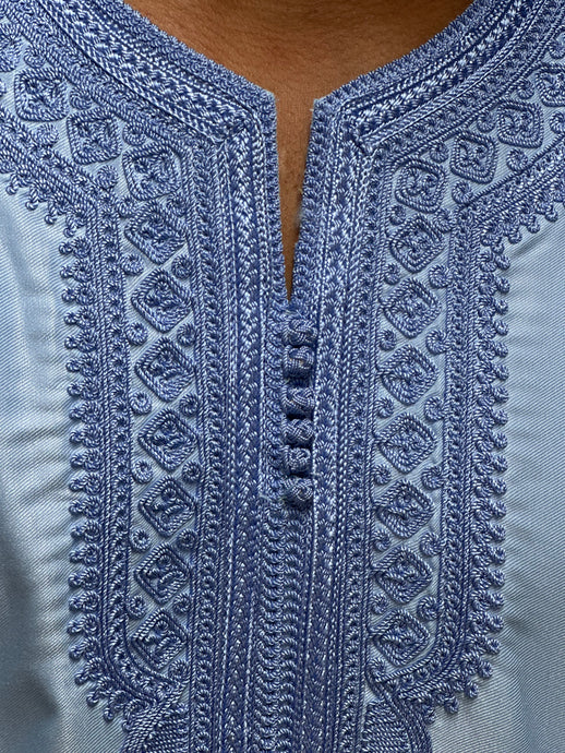 Front view of sky blue premium Moroccan thobe with elegant fit