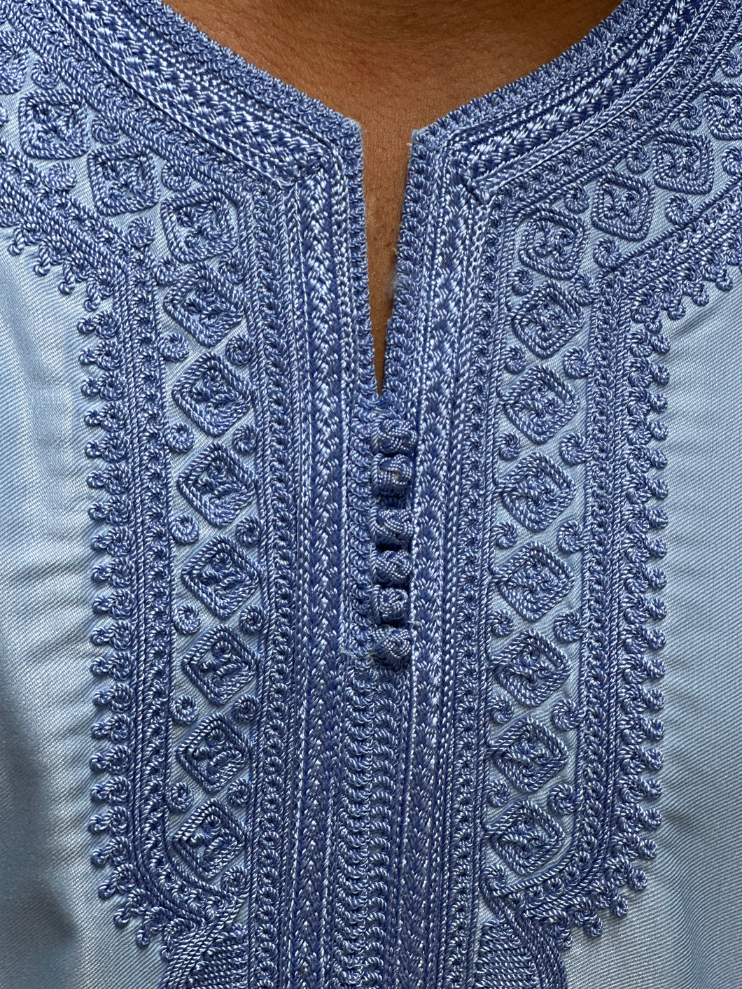 Front view of sky blue premium Moroccan thobe with elegant fit