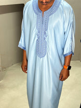 Load image into Gallery viewer,  ky blue Moroccan thobe styled for Eid or festive occasions
