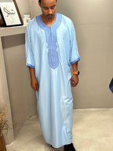 Load image into Gallery viewer, Premium Moroccan thobe in sky blue with buttoned neckline design
