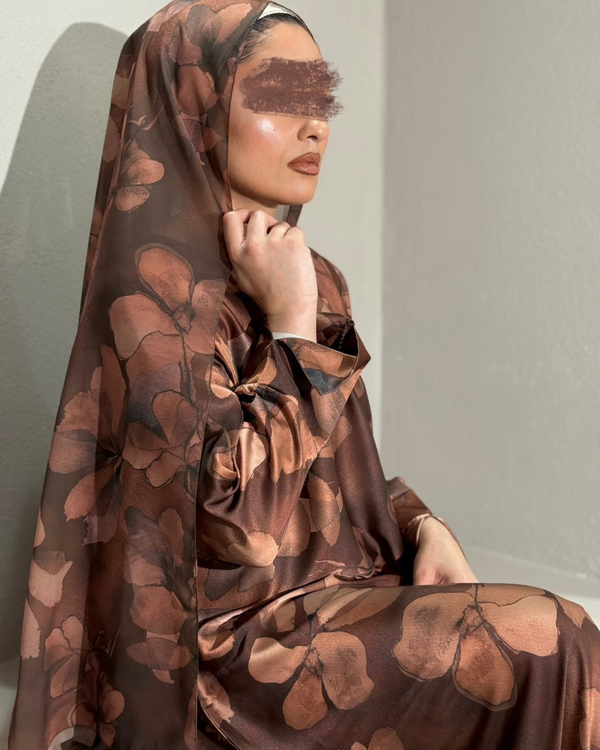Brown soft satin flowery abaya in cloche cut with elegant floral design