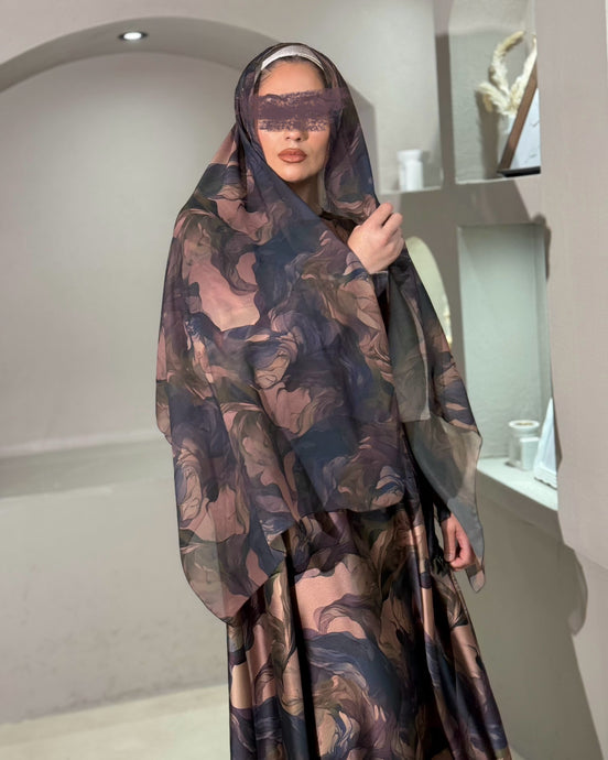 Mauve soft satin flowery abaya in cloche cut with elegant floral print
