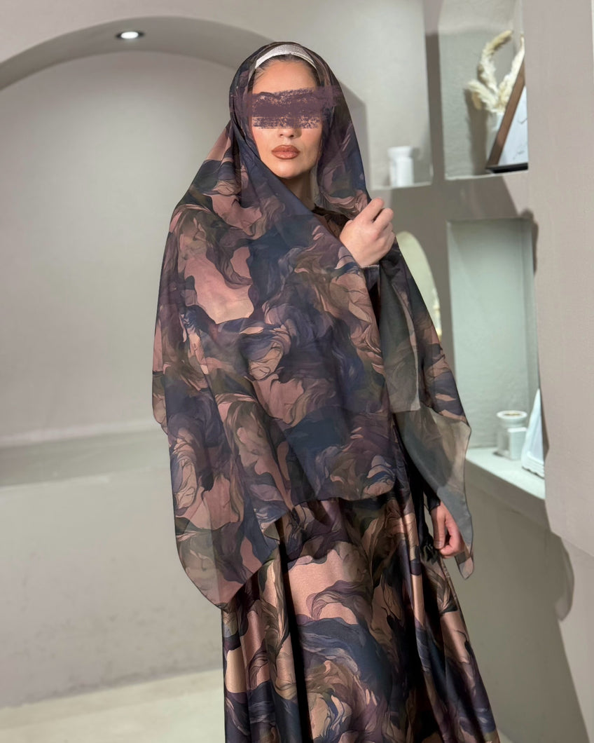 Mauve soft satin flowery abaya in cloche cut with elegant floral print