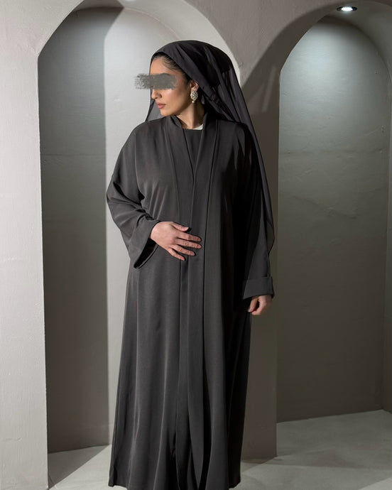 Front view of Soft Like Butter taupe abaya set with patterned design