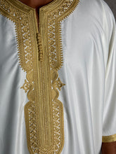 Load image into Gallery viewer, Traditional festive look in white Moroccan thobe with gold accents
