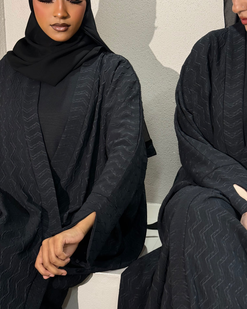 Front view of black butterfly abaya set with hijab