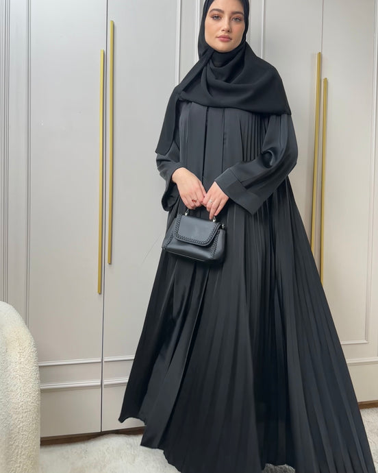 Black Pleated Abaya front view with cloche cut design