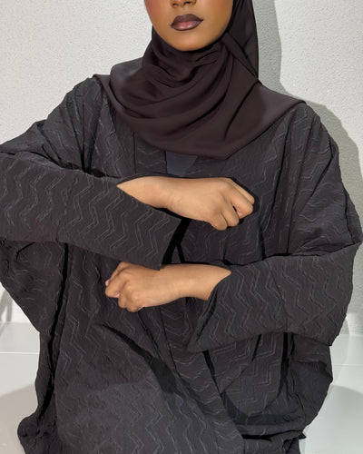 Front view of plum brown butterfly abaya set with hijab