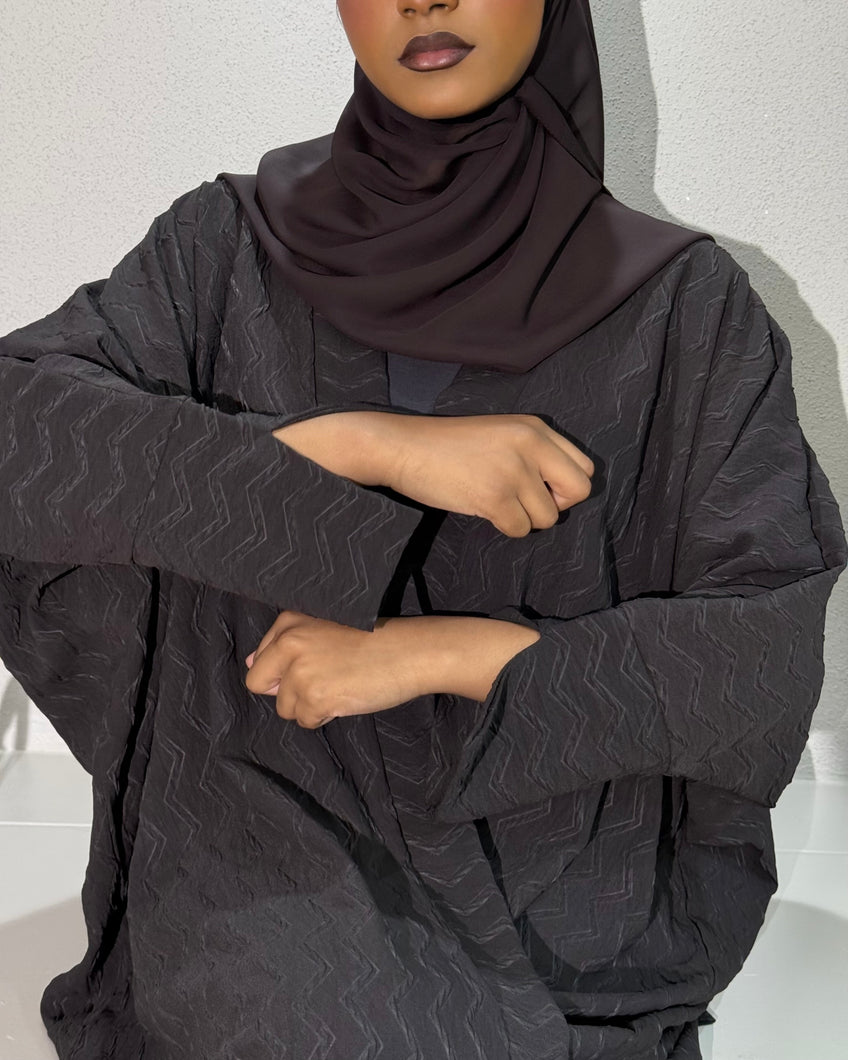 Front view of plum brown butterfly abaya set with hijab