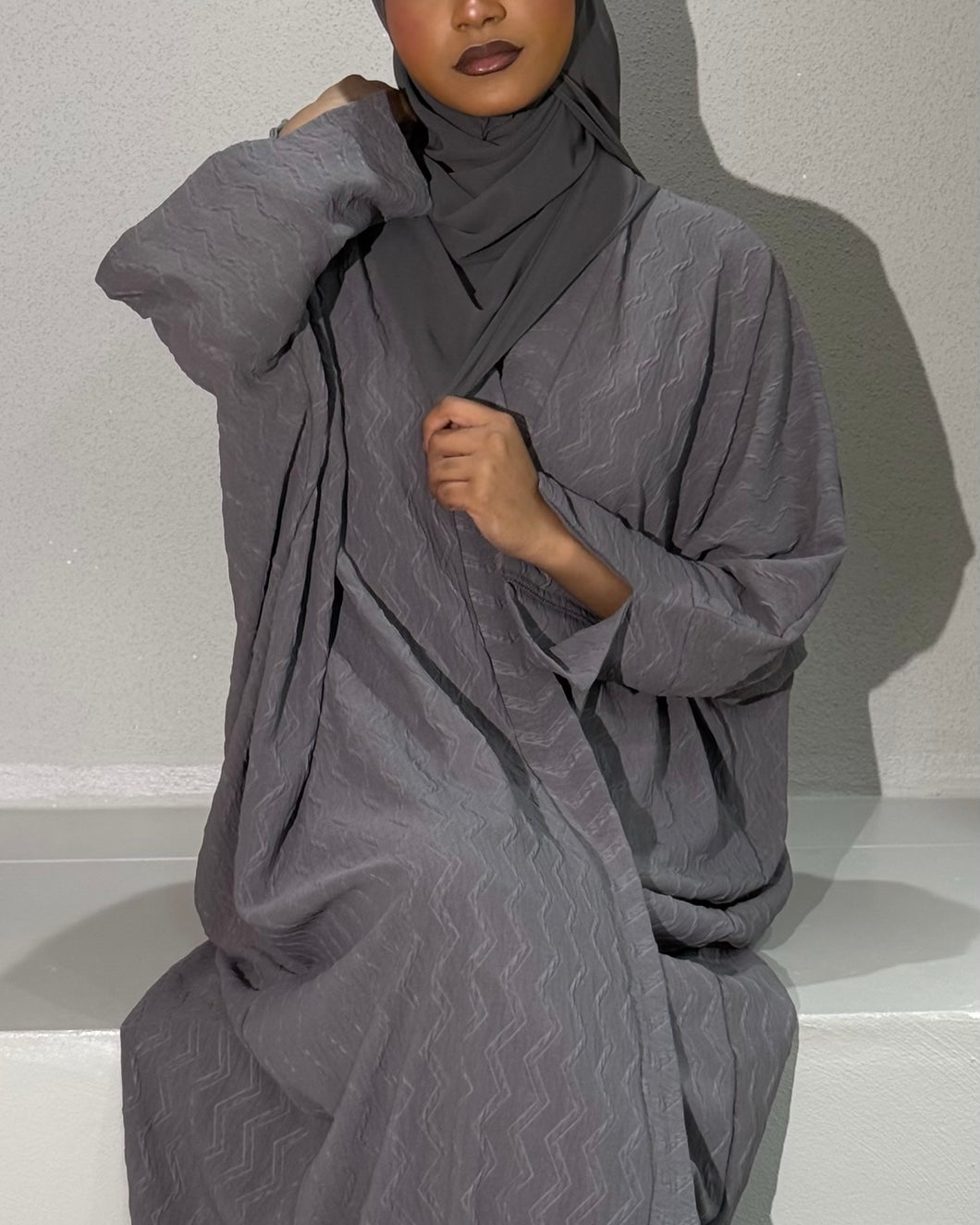 Front View of Butterfly Abaya Set in Taupe