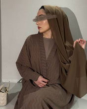 Load image into Gallery viewer, Front view of chocolate brown butterfly abaya set with hijab


