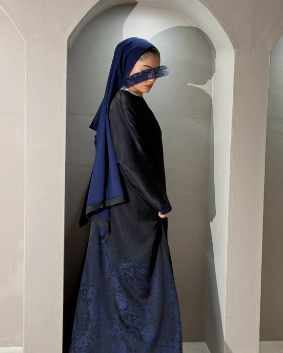 Cloche Cut Satin Abaya in Navy Front View