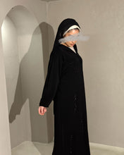 Load image into Gallery viewer, Full outfit showcasing embellished black abaya with laser chiffon hijab

