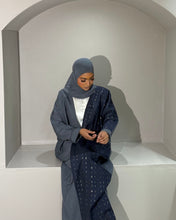 Load image into Gallery viewer, Bluish grey linen abaya with traditional side embroidery
