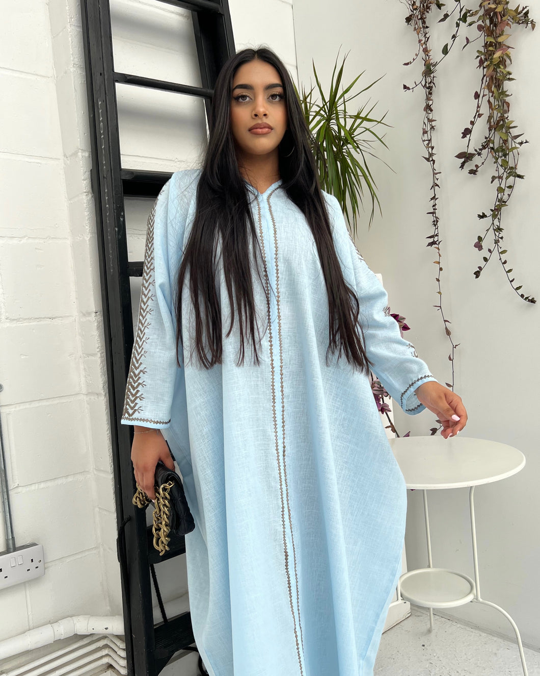 Summer Linen Abaya with Embroidered Arms (Sky Blue)