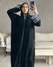 Load image into Gallery viewer, Black Abaya with Fringes and Embroidered Hands
