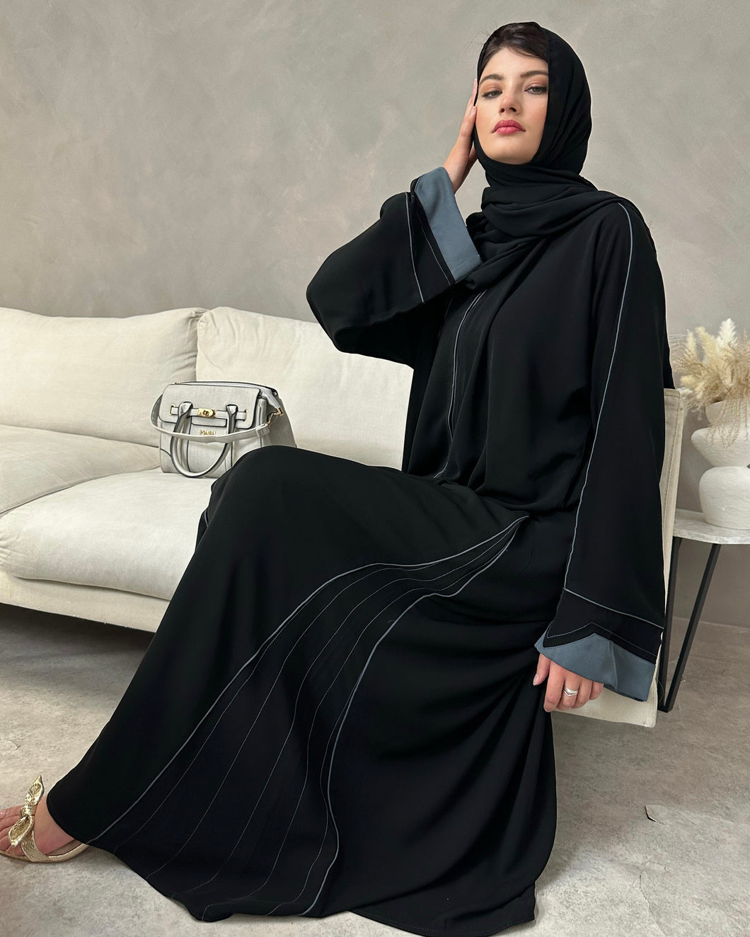 Beautiful Black Abaya with Grey Piping