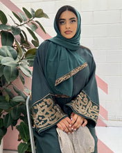 Load image into Gallery viewer, Emerald Green Abaya with Beaded Golden Arabic Embroidery - NEW EDITION
