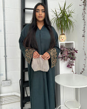 Load image into Gallery viewer, Emerald Green Abaya with Beaded Golden Arabic Embroidery - NEW EDITION
