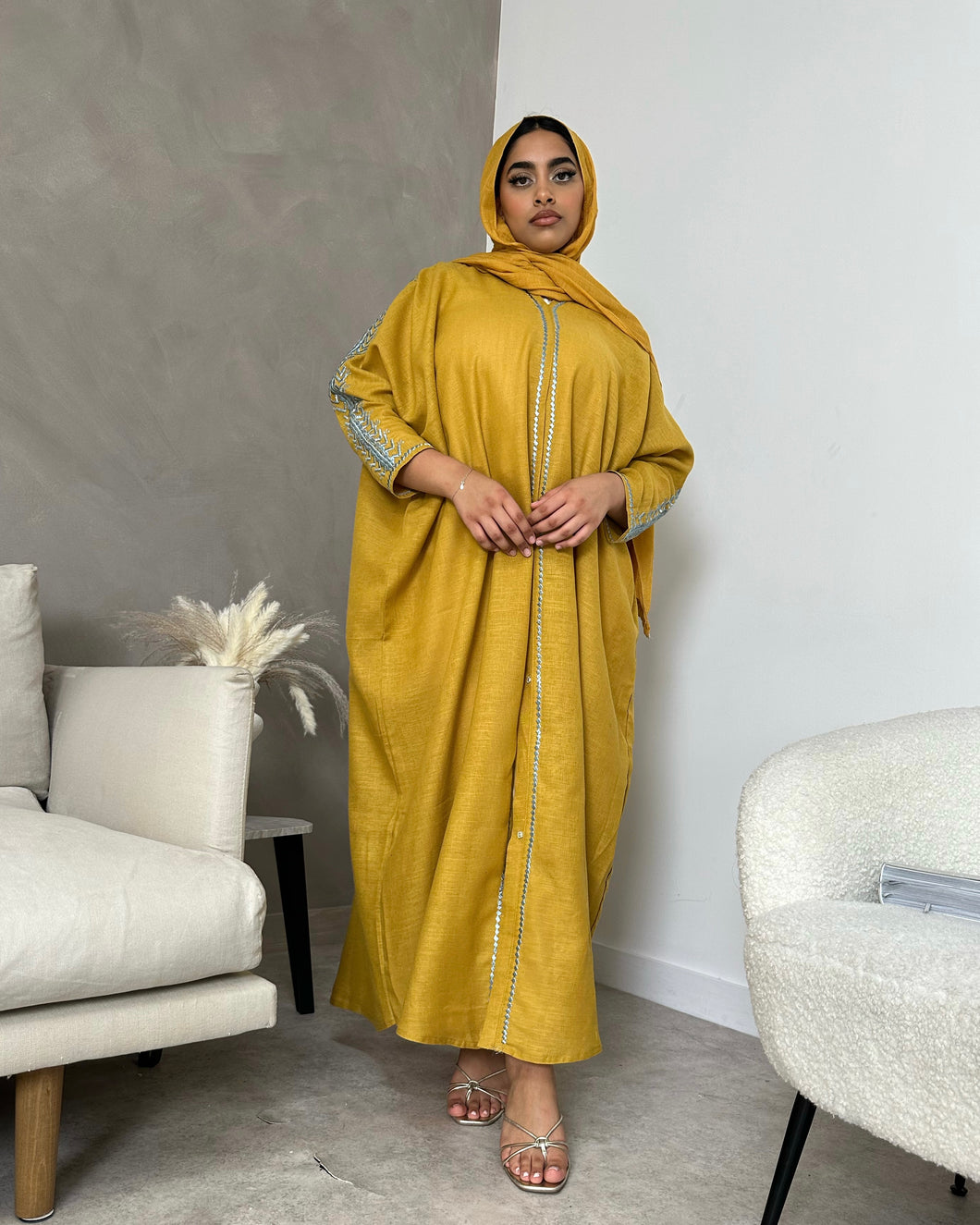 Summer Linen Abaya with Embroidered Arms (Mango)