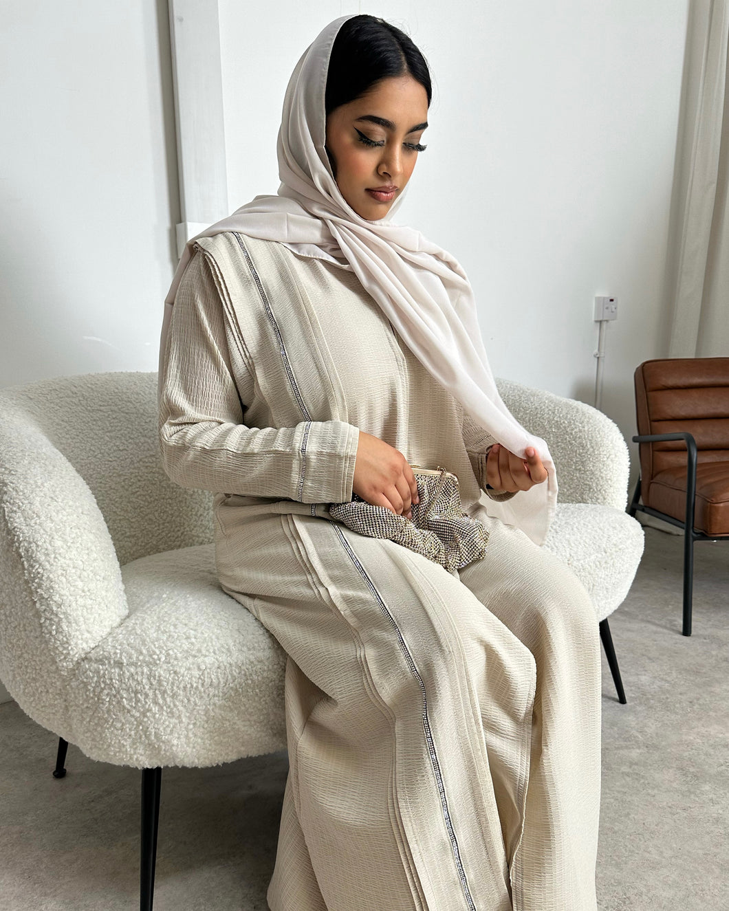 Elegant Abaya with Beads and 3D Layered Appliqué (Cream)