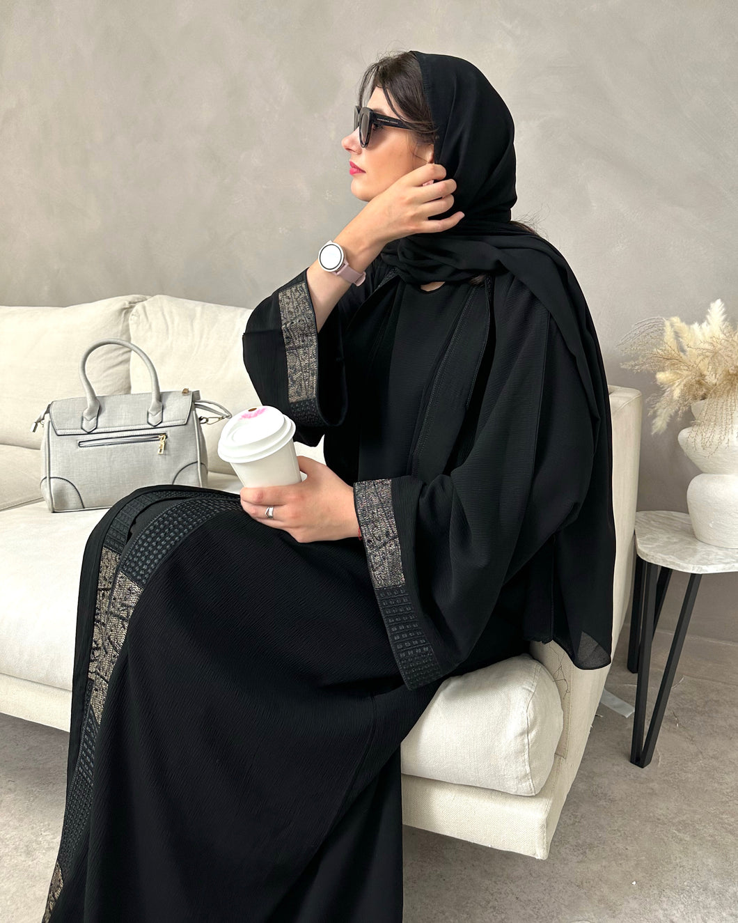Two piece Abaya with Arabic Calligraphy Embroidery (Black)