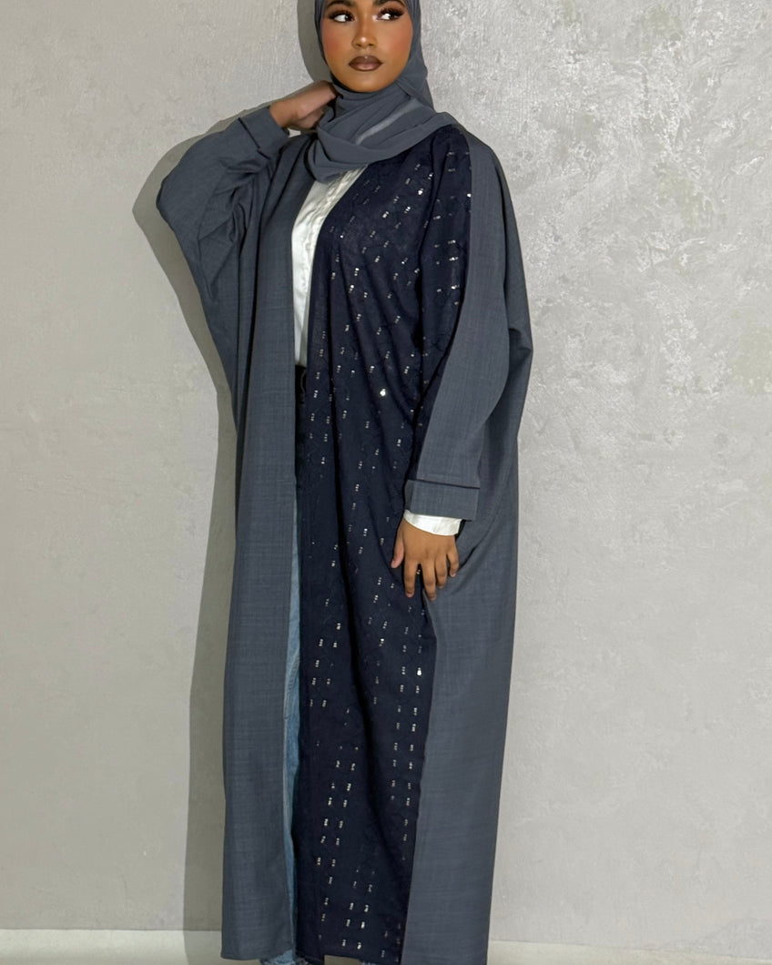 Front view of Italian linen open abaya in bluish grey