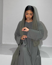 Load image into Gallery viewer, Elegant formal look featuring Khaki A-Line Abaya with chiffon scarf
