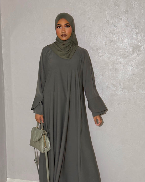 Front view of Khaki A-Line Abaya with tulip sleeves and cloche cut