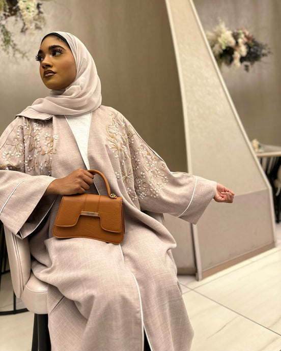 Linen Butterfly Abaya with Embroidery in Nude Beige