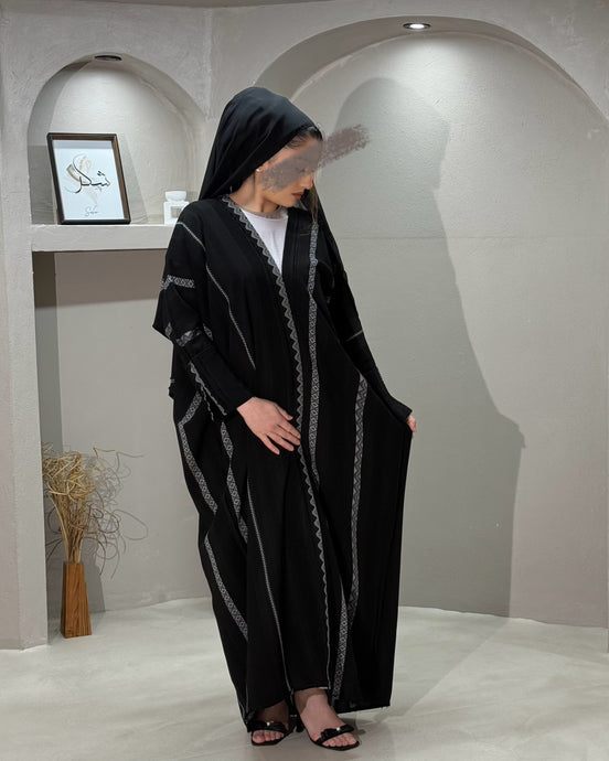 Front view of black Sadu cotton abaya set with hijab