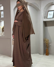 Load image into Gallery viewer, Three-piece chocolate brown abaya set with inner dress and scarf

