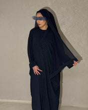 Load image into Gallery viewer, Side view of navy butterfly abaya with flowing silhouette
