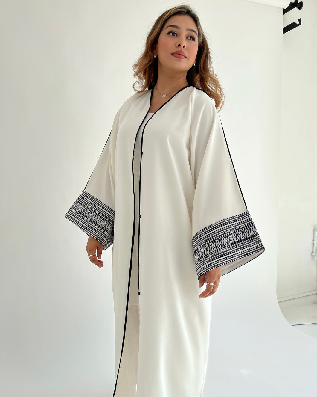 Hessian Linen Abaya with Embroidered Sleeves - White OR Black