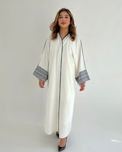 Load image into Gallery viewer, Hessian Linen Abaya with Embroidered Sleeves - White OR Black
