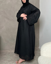Load image into Gallery viewer, Eid Black Linen Abaya with Beaded Black Arabic Embroidery
