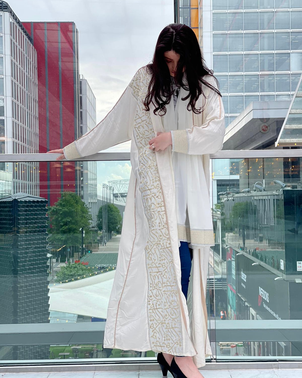 Embroidered Arabic Calligraphy Abaya in White