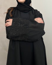 Load image into Gallery viewer, Eid Black Linen Abaya with Beaded Black Arabic Embroidery
